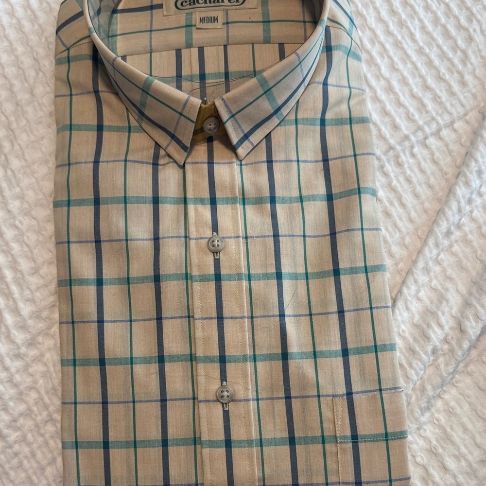 Cacharel Men's Tan and Blue Checkered Shirt